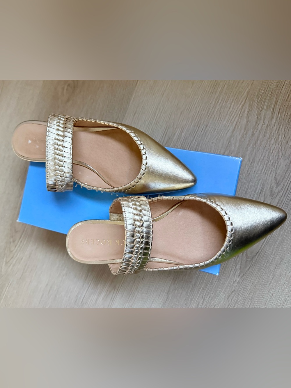 New Jack Rogers Metallic Gold Pointed-Toe Woven Strap Mules - Picture 5 of 5